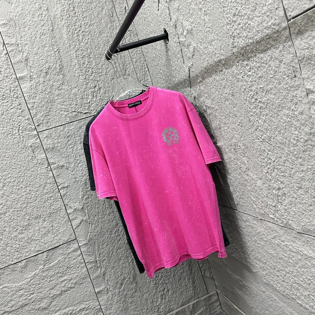 🅿️180 CH* Crow Heart* 2025 spring and summer new style Snowflake distressed washed retro round neck short sleeves Chest and front logo Horseshoe print Customized fabric Short-sleeved T-shirt Unisex Size: S M L XL XXL Color: Snowflake Black Snowflake Gray Snowflake Pink Snowflake Blue